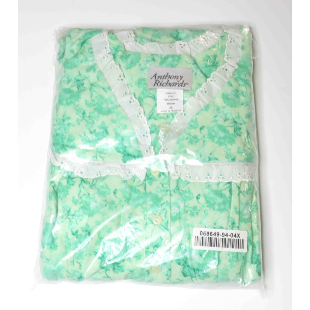 $60 Anthony Richards Nightgown Green Floral Cotton Flannel Lace Trim 4X 28W-30W